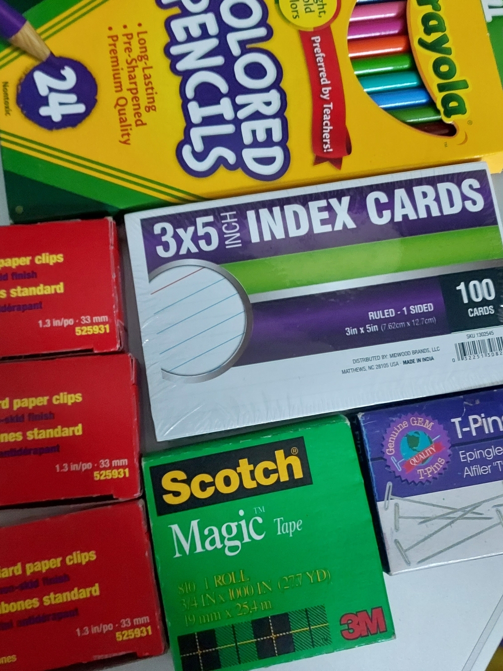 Multiples Office Supply Mix with Bright Colored Pencils and Index Cards